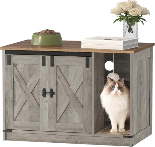 Vista 17 de Hzuaneri Caja de Arena para Gatos con Cerramiento, Mueble de Armario Oculto para Caja de Arena con Campana, Casa Interior para Gatos, Estilo Granja