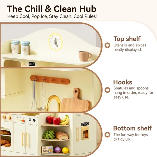 Vista 6 de Juego de cocina para niños con diseño giratorio, juego de cocina de madera para niños con máquina de hielo, juego de cocina de juguete para niños