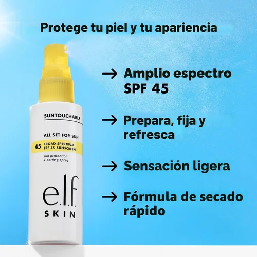Vista 2 de e.l.f. SKIN All Set For Sun SPF 45, spray fijador con SPF 45 para maquillaje duradero, fórmula ligera y no grasa, vegano y libre de crueldad