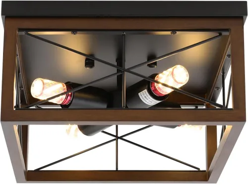 Vista 3 de Lámparas de techo de montaje empotrado de 4 luces, lámpara de techo de madera rústica vintage, metal negro, lámpara de techo industrial retro
