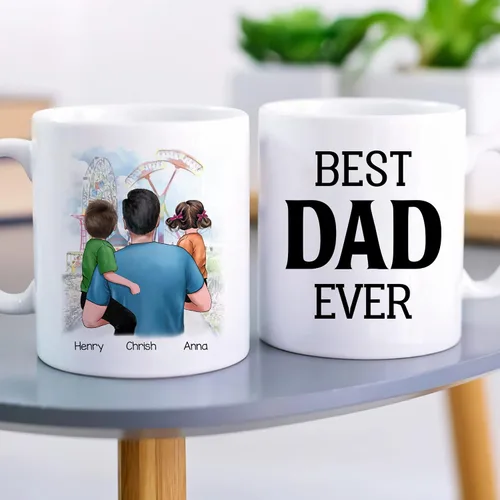 Vista 3 de Gossby Taza personalizada de café para papá, el mejor papá (2 niños en el hombro de papá), regalo personalizado de 11 onzas y 15 onzas para papá, 2