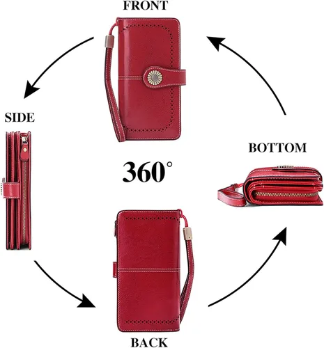 Vista 4 de SENDEFN - Billeteras de cuero genuino para mujer con tarjetero y bloqueo RFID, de gran capacidad y con correa para la muñeca