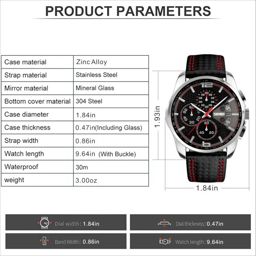 Vista 6 de SKMEI Men Watches Black Leather Band Sports Large Big Face Luxury Waterproof Luminous Fashion Dress Casual Analog Quartz Chronograph Father Gifts