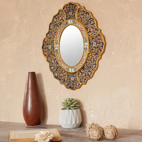 Vista 2 de NOVICA Espejo de pared de vidrio pintado en reversa, hecho a mano, madera de vidrio azul metálico andino, espejos decorativos de Perú, flores