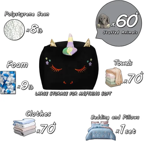 Vista 6 de Sillones puf de unicornio negro, ideas de almacenamiento de animales de peluche para decoración de habitación de niñas, soporte y organizador