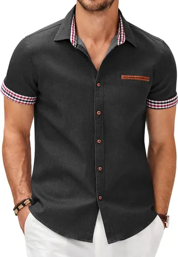 Vista 19 de COOFANDY Camisas casuales de manga corta de algodón con botones para hombre Verde militar