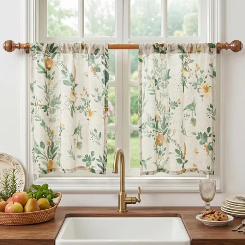 Vista 42 de MYSKY HOME Cortinas de lino transparentes de 45 pulgadas de largo para dormitorio, cocina, paneles de cortina florales, cortinas semicirverticales