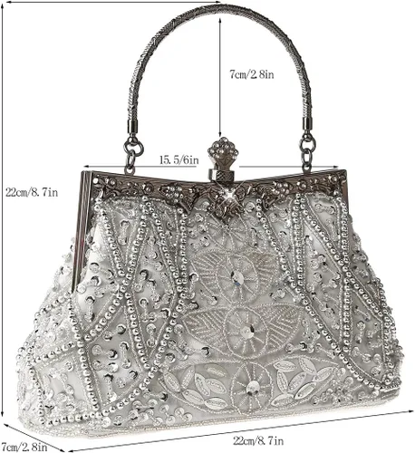 Vista 3 de Bolso de mano de estilo vintage con cuentas florales y strass para mujer, con bordado de lentejuelas, bandolera para novia, boda, fiesta