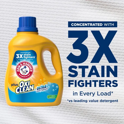 Vista 4 de ARM & HAMMER Plus OxiClean Ultra Stain Fighters - Detergente líquido para ropa Removedor de manchas para ropa, aroma a prado limpio, 74 cargas