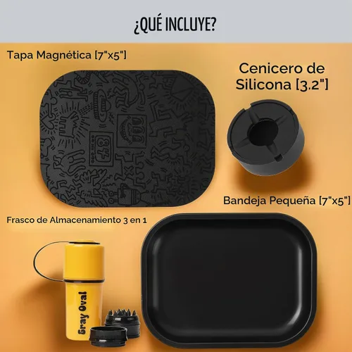 Vista 2 de Juego de Bandeja Rodante Negra con Tapa Magnética 7"x5" - Accesorios para Fumar de Gray Oval