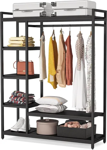 Vista 9 de LITTLE TREE Perchero de Ropa de Madera Independiente para Armario, Perchero de Prendas Resistente con Estantes, Percheros Colgantes para Ropa