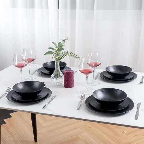 Vista 7 de Juego de platos y cuencos de melamina negra, juegos de vajilla de melamina de 12 piezas para uso en interiores y exteriores, juego de platos ligeros