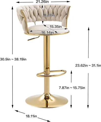 Vista 3 de RXR - Juego de 2 taburetes de bar de terciopelo, taburetes de bar de altura de mostrador con altura ajustable y taburete giratorio de 360°, silla