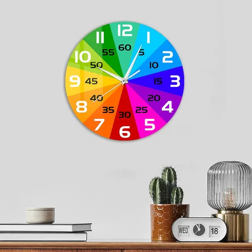Vista 6 de Reloj de aprendizaje con rueda de color arcoíris, reloj de enseñanza de 12 pulgadas para niños, reloj de pared analógico para aula, movimiento