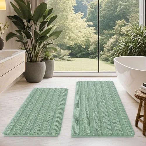 Vista 75 de ACCUMTEK - Juego de alfombras de baño a rayas beige de 3 piezas, ultrasuaves, antideslizantes de chenilla, alfombras de baño mullidas y absorbentes