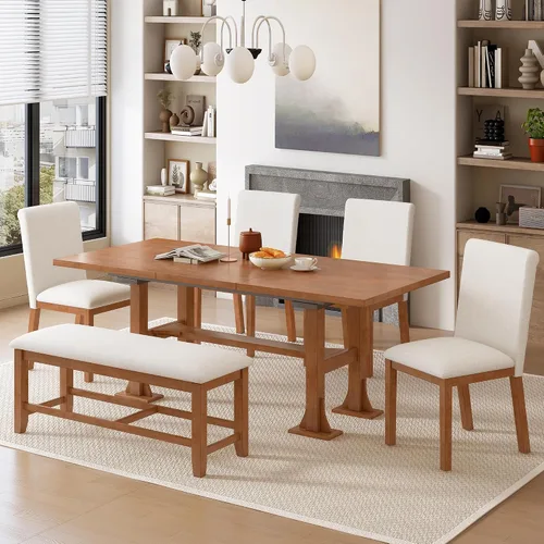 Vista 8 de LUMISOL 6-Piece Extendable Dining Table Set, Farmhouse Dining Room Set with 4 Chairs and Bench, 76 Inch Trestle Table with 18 Inch Removable Leaf