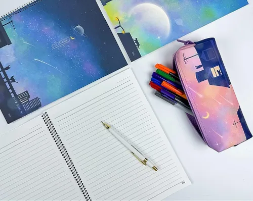Vista 2 de Cuadernos coreanos de paisajes estéticos con etiqueta adhesiva, paquete de 4, bonito juego de cuadernos en espiral, diseños Kawaii para diario