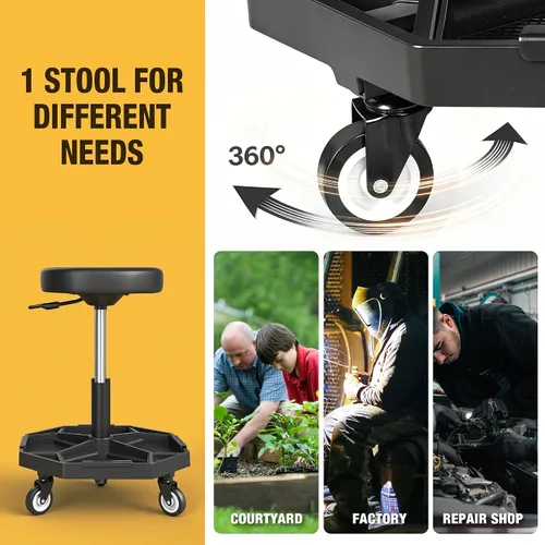 Vista 7 de YELLOW JACKET - Asiento rodante de garaje con ruedas de altura ajustable, taburete neumático para mecánico de 300 libras, asiento de arrastre Negro