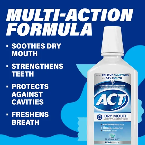Vista 4 de ACT Enjuague bucal anticaries cero alcohol con fluoruro para boca seca, menta calmante, 33.8 fl. oz.