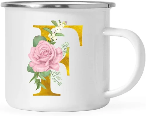 Vista 24 de Andaz Press Taza de café de acero inoxidable para niños de 11 onzas, regalo de taza de café de fogata, rosa rubor, monograma de oro sintético, letra