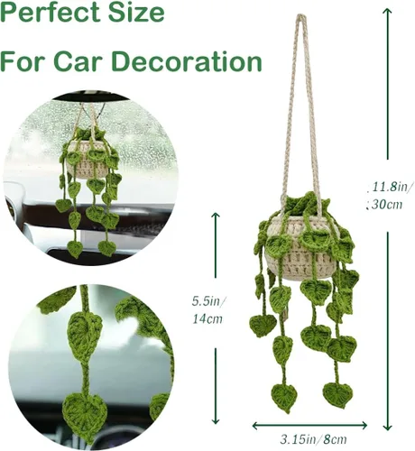 Vista 4 de Adorno para colgar en automóvil, lindo adorno de planta de ganchillo para espejo retrovisor, decoración de espejo retrovisor tejido a mano
