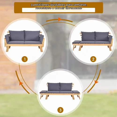 Vista 7 de Tangkula Sofá Cama Convertible de Madera de Acacia para Patio con Reposabrazos Ajustable, Sofá Cama de Exterior con Cojín y Almohadas, Banco Sofá
