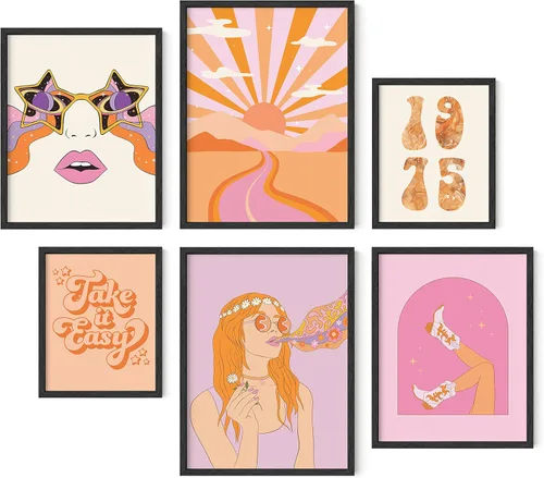 Vista 8 de HAUS AND HUES Decoración de Pared Naranja Arte de Galería Juego de 6 - Pósteres para Estética de Habitación Psicodélica, Arte de Pared Rosa y 70 s