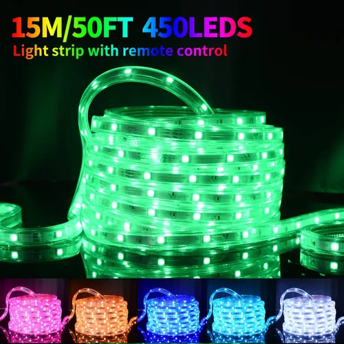 Vista 4 de Tira de luces LED de 50 pies (15 m), kit de iluminación regulable, flexible, de 450 LED RGB, 110 V, impermeable, con conectores macho y hembra