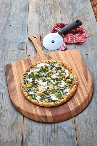 Vista 13 de Tabla Gourmet de madera de acacia de piel para pizza, Pala para pizza