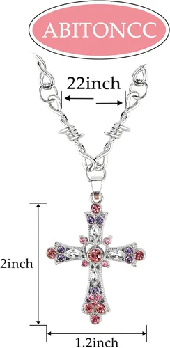 Vista 3 de Abitoncc Collar de cruz gótica Y2k para mujeres y hombres, joyería con colgante de cruz de cristal, collar de metal con espinas de alambre de púas