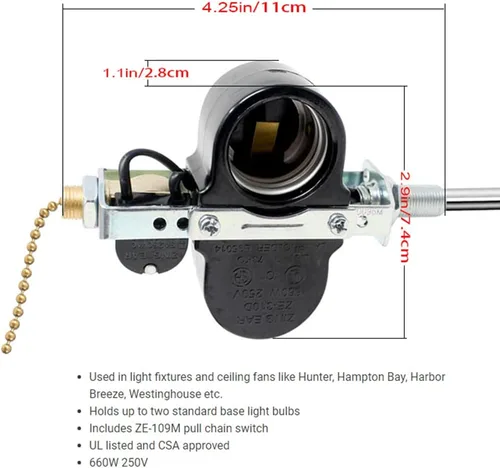 Vista 3 de Zing Ear - Interruptor de luz para ventilador de techo y piezas de repuesto de zócalo - Ze-310d, interruptor de cadena de tracción para soporte