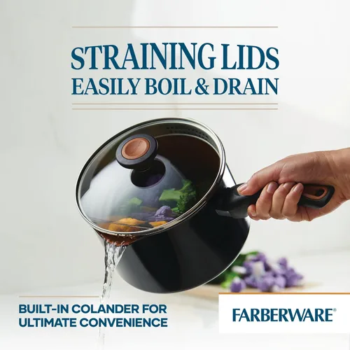Vista 5 de Farberware Glide - Sartén antiadherente de cerámica de cobre con tapa, 3 cuartos de galón, color negro