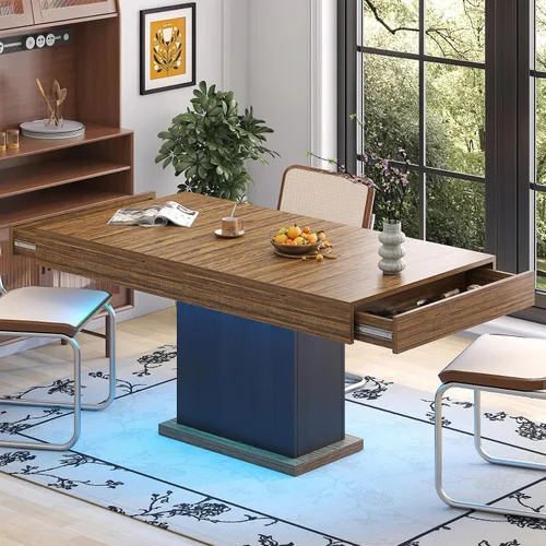 Vista 10 de Mesa de comedor para 4-6 personas, mesa de comedor de 55 pulgadas con cajones y almacenamiento abierto, base de pedestal de madera, mesa rectangular