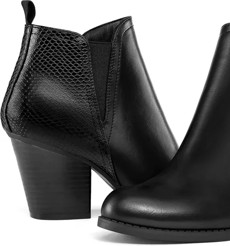 Vista 6 de mysoft Botines de tobillo para mujer con corte en V, panel elástico lateral, tacón grueso apilado con cremallera lateral Patrón de serpiente negro.