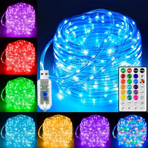Vista 9 de Ollny Cuerda de luces solares para exteriores, 33 pies, 100 luces LED de color blanco cálido con control remoto, 8 modos de luz impermeable