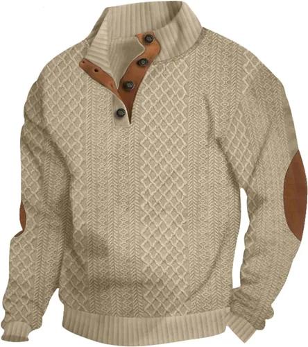 Vista 15 de Suéter de manga larga para hombre, casual, con botones de un cuarto, con cuello alto, sudadera con capucha