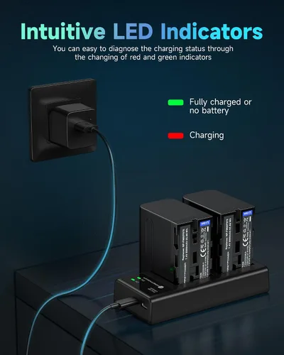 Vista 5 de FirstPower Paquete de 2 baterías NP-F970 y cargador dual USB para batería Sony NP-F970 F960 F950 F930 F750 F570 F550 F530 F330 y Sony Handycams