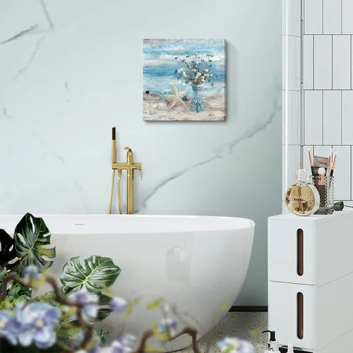 Vista 6 de Arte de pared para decoración de baño, imagen de playa azul, tema oceánico, impresión en lienzo de flores, pintura moderna de paisaje marino