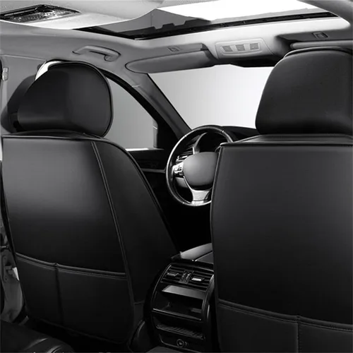 Vista 3 de Juego completo para 5 asientos, protectores de asiento de coche impermeables, transpirables, antideslizantes, de cuero, ajuste universal, para Negro