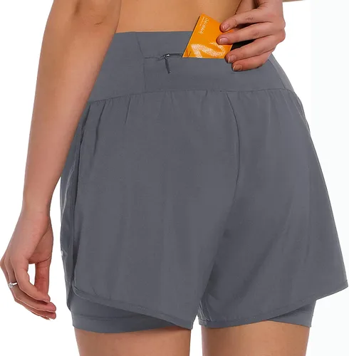 Vista 2 de Ksmien - Pantalones cortos 2 en 1 para mujer, ligeros, deportivos, con forro con bolsillos para teléfono, para correr, entrenar, ir al gimnasio