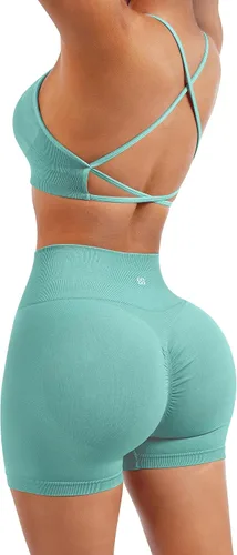 Vista 3 de SUUKSESS Conjuntos de entrenamiento sin costuras para mujer, sujetador deportivo con tiras y cintura alta, pantalones cortos
