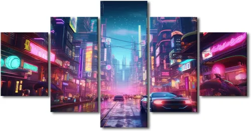 Vista 121 de Póster de 5 paneles en lienzo para decoración de pared, diseño de centro urbano Cyberpunk, impresión moderna, decoración de pared para el hogar