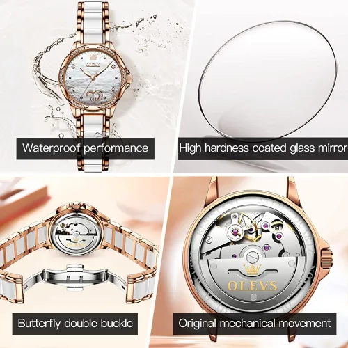 Vista 5 de OLEVS Reloj para mujer automático automático mecánico reloj de pulsera para mujer, cara grande, dos tonos, acero inoxidable, pulsera de cerámica
