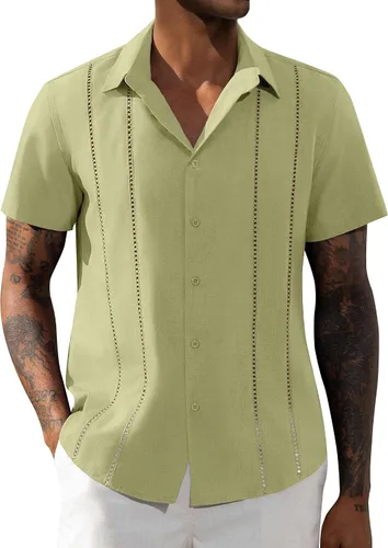 Vista 10 de Camisa de manga corta de lino para hombre de DEMEANOR, camisa guayabera cubana con botones, camisa casual de verano para la playa, la vacación