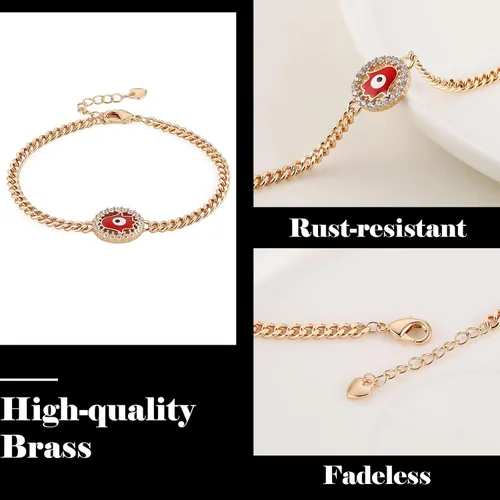 Vista 4 de HZMAN Pulsera de mano de Fátima chapada en oro rosa de 14 quilates para mujeres y niñas, pulsera de protección contra el mal de ojo Hamsa, pulsera
