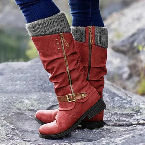 Vista 2 de AODONG Botas para mujer, cálidas botas de invierno con tacón puntiagudo, botas de cuña de moda, botas de vaquero a media pantorrilla, botas gruesas