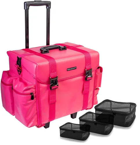 Vista 10 de Estuche de maquillaje blando con carrito SHANY Cosmetics, 2 compartimientos, color negro con 3 bolsas organizadoras de malla de regalo