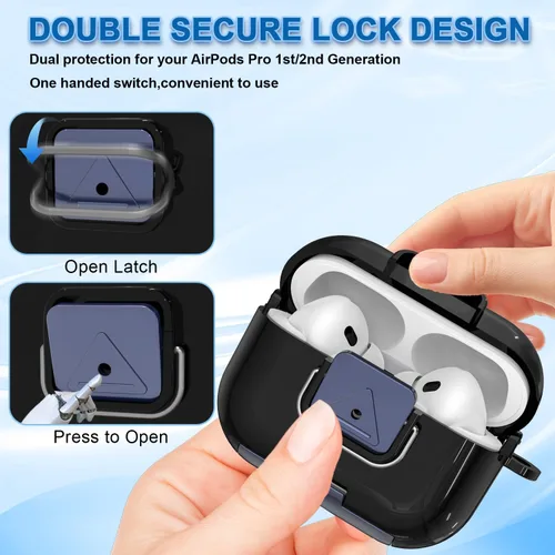 Vista 4 de Funda protectora para AirPods Pro de 2ª/1ª generación con clip de bloqueo seguro, a prueba de golpes, protección completa, diseño de soporte de Negro