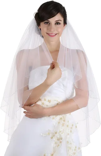 Vista 2 de SAMKY 2T 2 niveles hechos a mano cristal transparente con cuentas borde velo nupcial de la boda