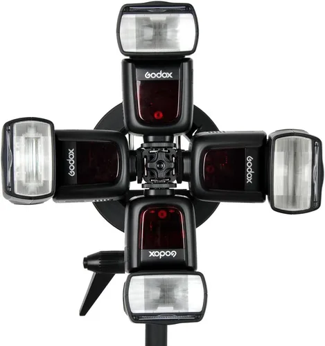 Vista 2 de Godox S-FA - Soporte de montaje para zapata de cuatro Speedlite, soporte de montaje para zapata tipo S, Speedlite Flash + paño limpio de microfibra